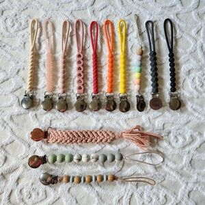 13 Silicone Pacifier Clips Lot Wood Bead Braided
